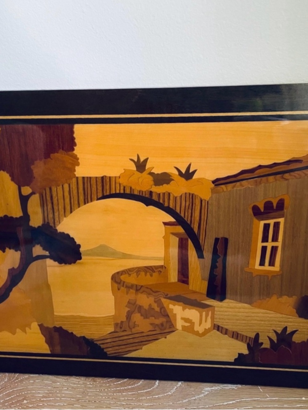 Vintage-mid 20th century 1960-1970-wood marquetry-made in Italy-coastal scenery